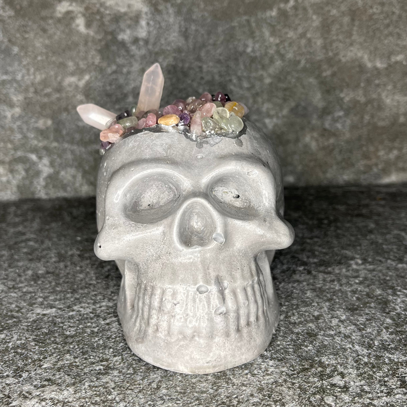 Rose Quartz & Mixed Chips Cement Skull